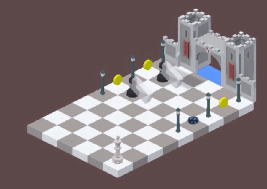 An isometric chessboard with a king, some pawns and a castle