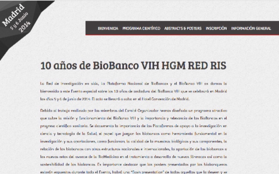 Conference website with a dark ribbon reading Madrid 2014 and the title 10 años de BioBanco