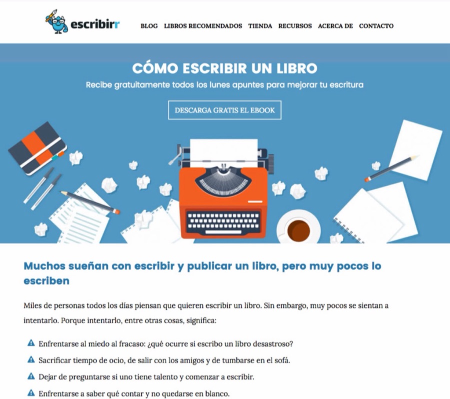 Escribirr.com home page with a red typewriter