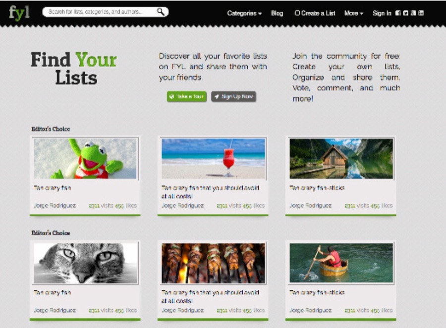 Find Your Lists home page with a grid of lists