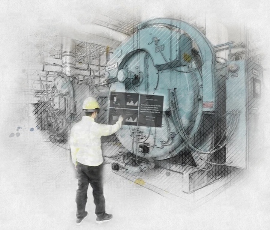 Sketch of a worker in a safety helmet touching floating data panels in front of a large industrial boiler