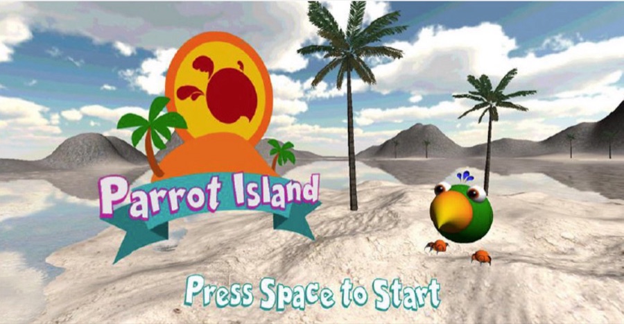 Parrot Island start screen: a beach with palm trees and a green parrot