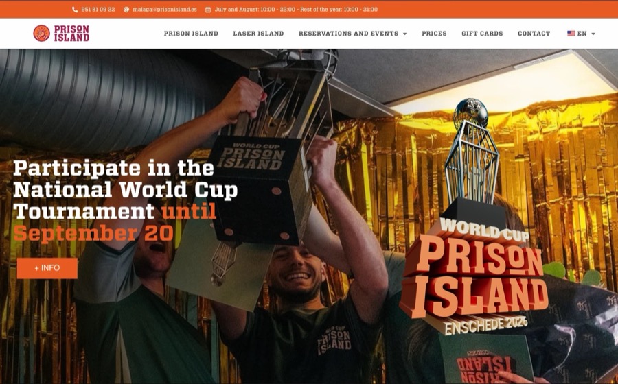 Prison Island Málaga website: a team lifting a trophy under the title of a tournament