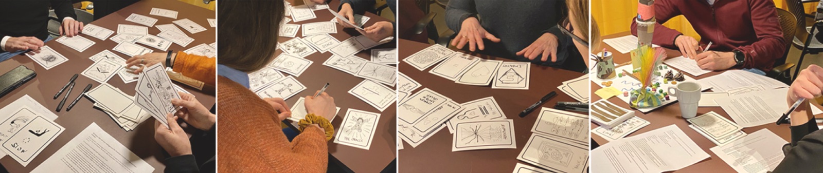 Four photos of hands around tables covered with black and white illustrated cards, sheets of paper and pens, as participants build stories