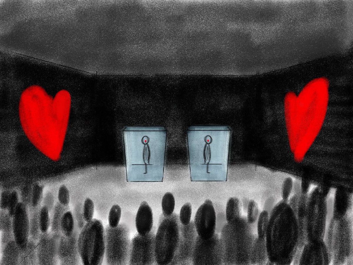 Drawing of two glowing glass boxes on a dark stage between two large red hearts, with an audience in silhouette
