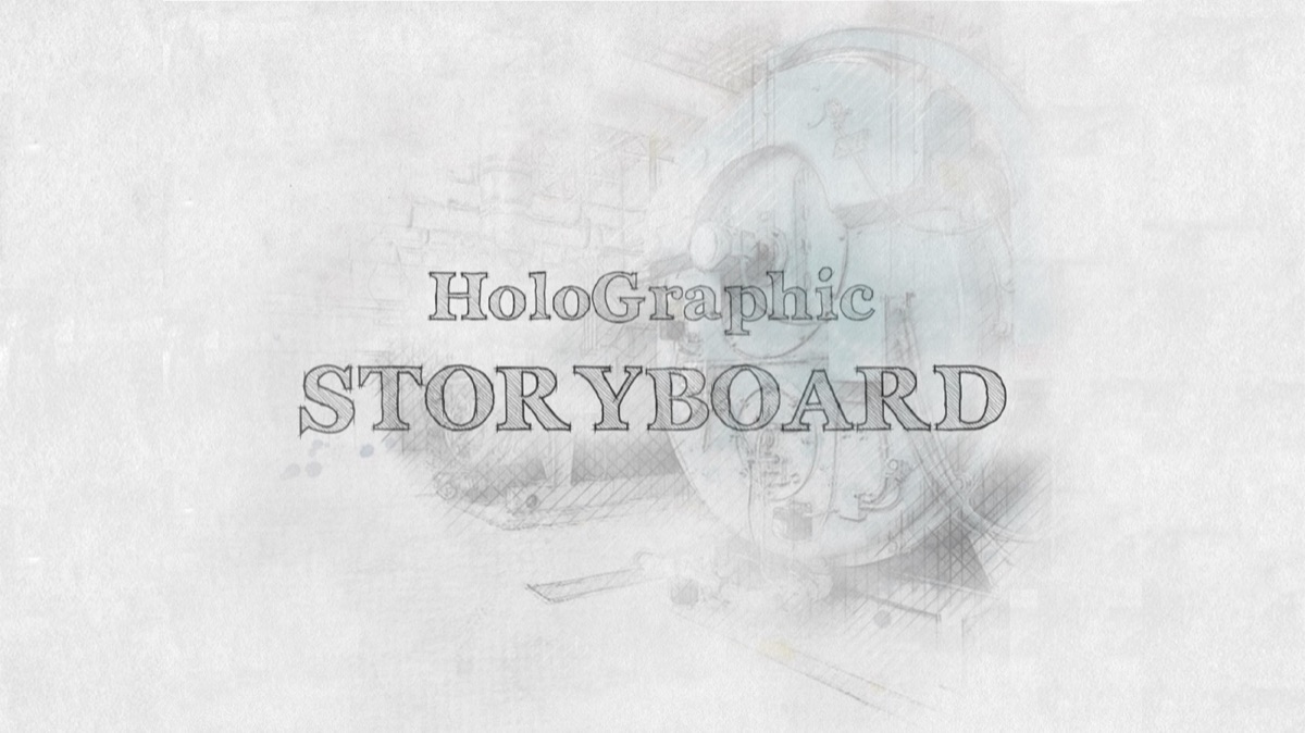 Title frame of the storyboard: the word HoloGraphic over a pencil sketch of an industrial boiler