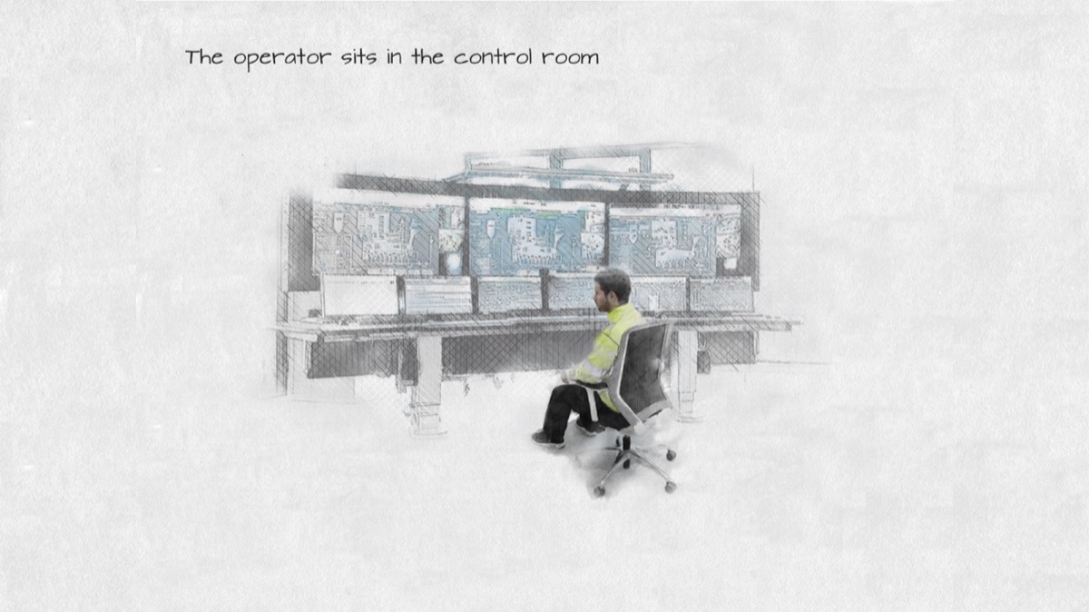 Sketch of an operator in a high-visibility jacket sitting in front of the screens of a control room
