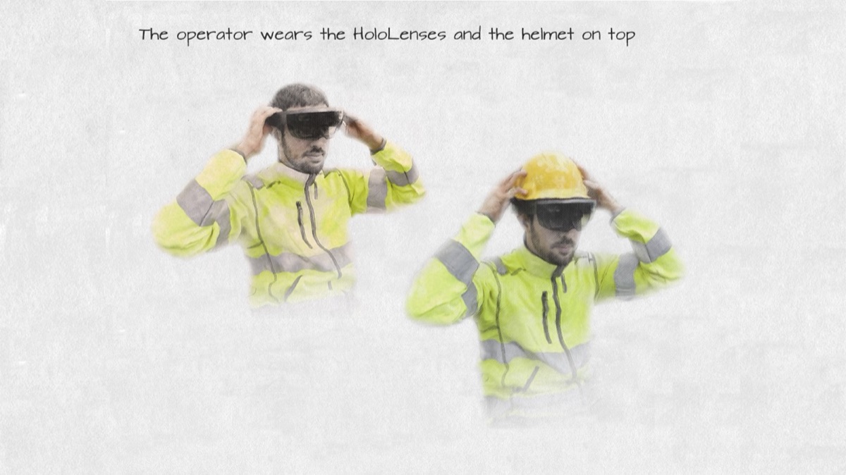 Two sketches of the same operator: first putting on the HoloLens, then putting the safety helmet on top