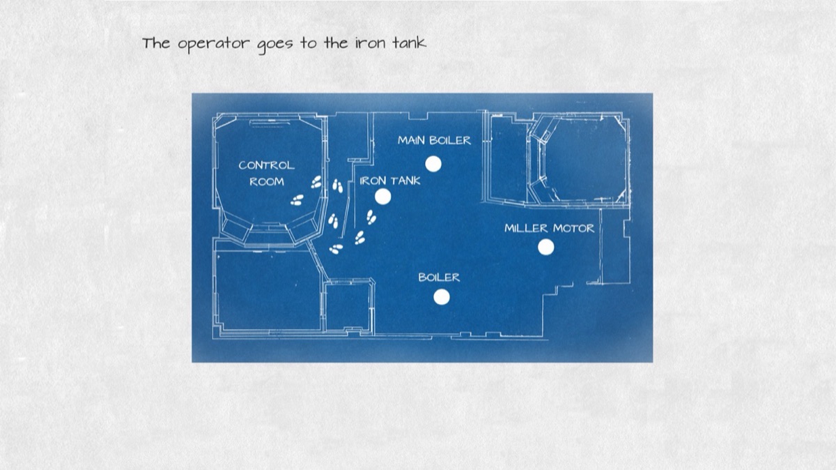 Blueprint with footsteps going from the control room to the iron tank