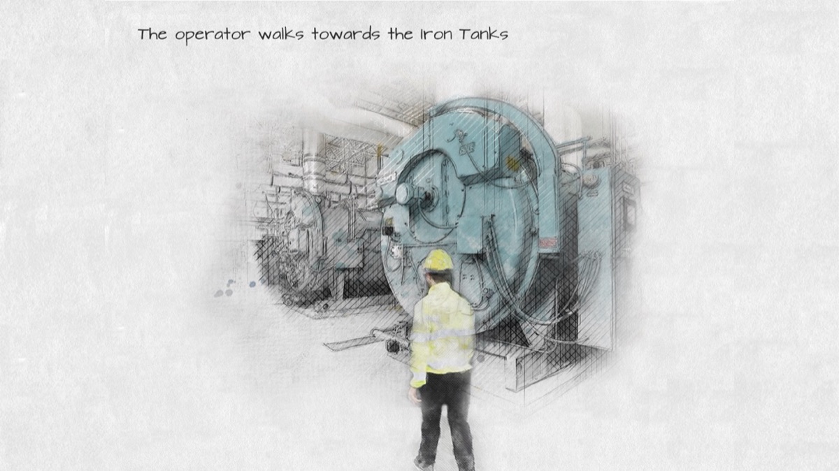 Sketch of the operator from behind, walking towards a large industrial boiler