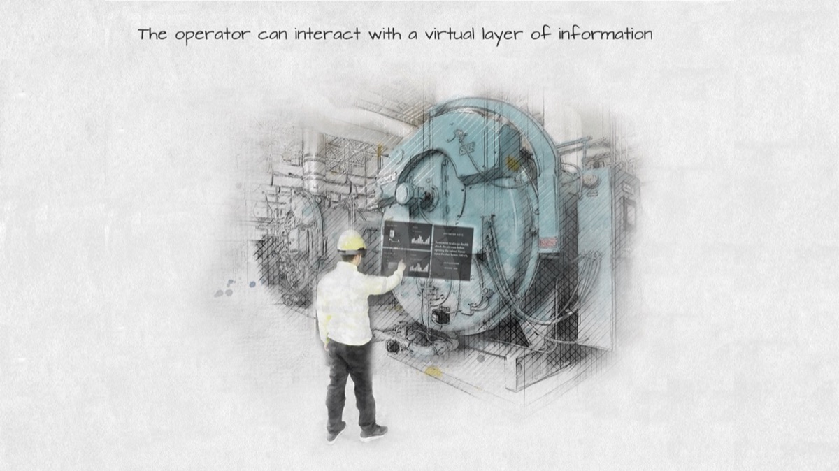 Sketch of an operator touching floating panels of information in front of an industrial boiler