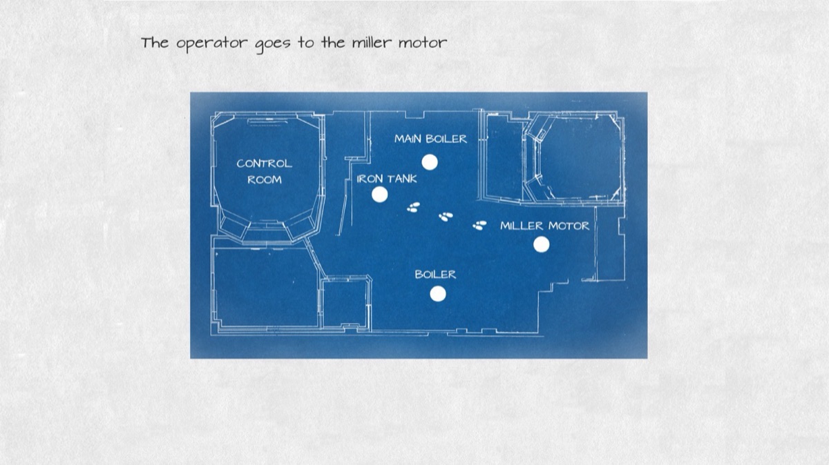 Blueprint with footsteps going from the iron tank to the miller motor