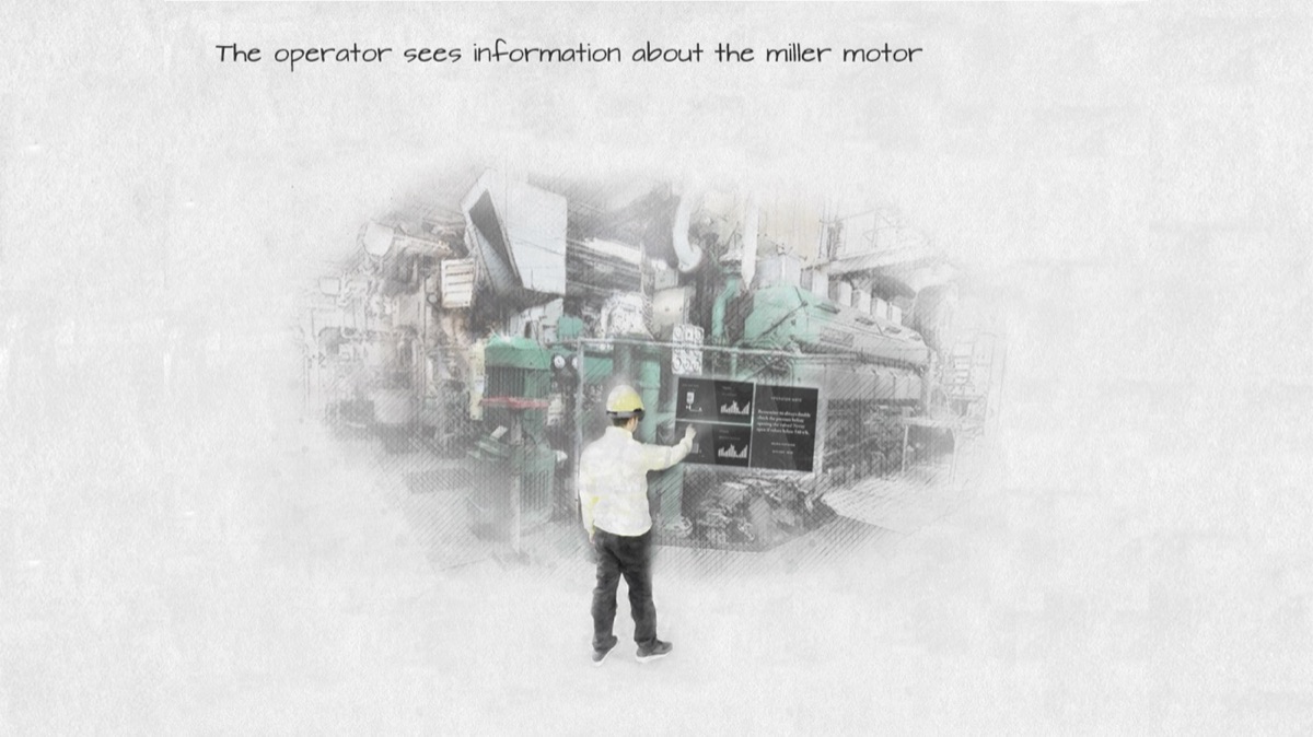 Sketch of the operator in front of a motor, reading floating panels with charts