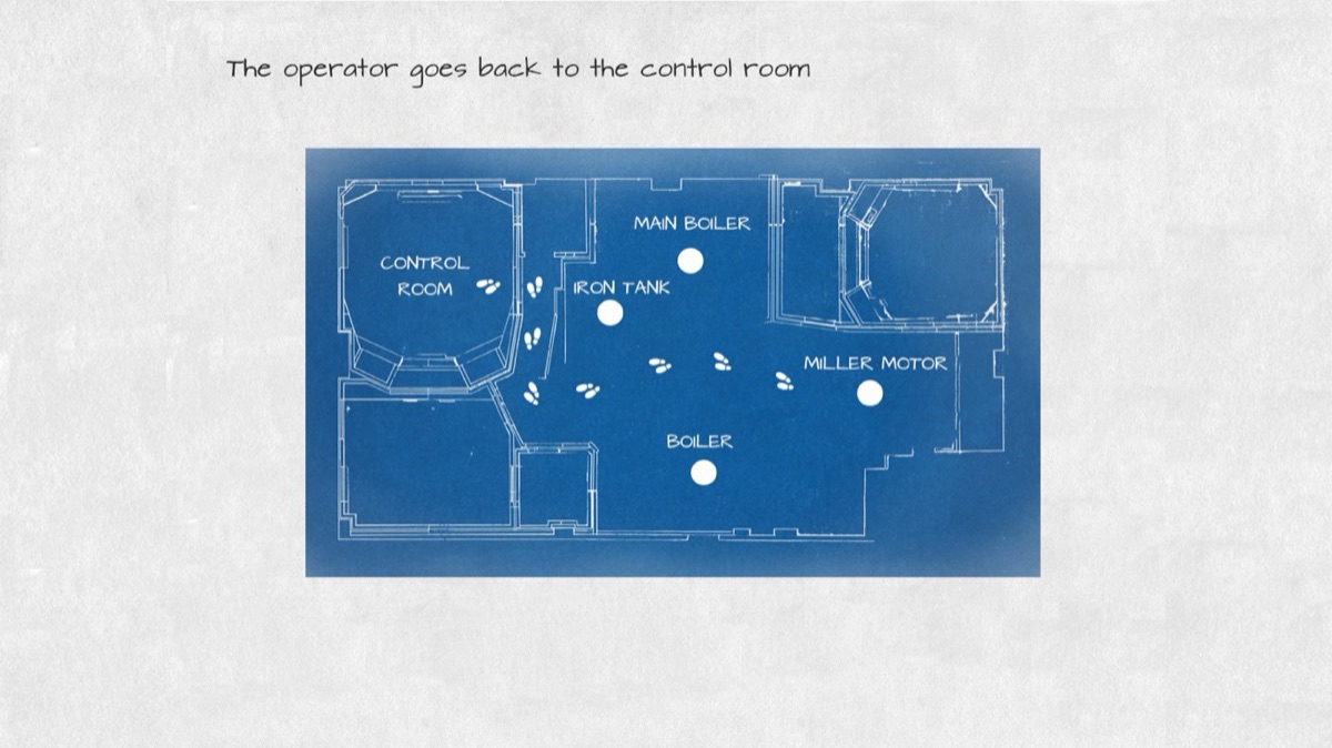 Blueprint with the whole route of footsteps back to the control room