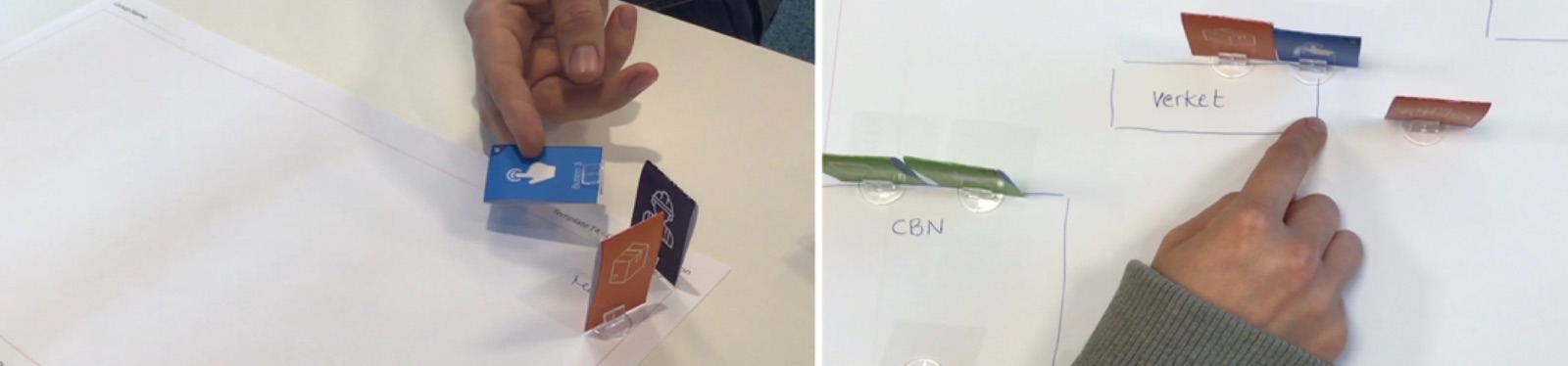 Two photos: a finger pressing a blue button token standing on the canvas, and another finger pointing at a button token next to a label