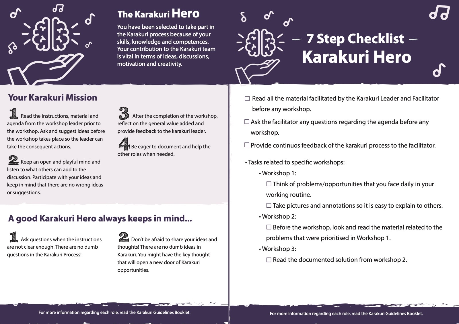 A two-page role card titled The Karakuri Hero, with a mission in four points and a seven-step checklist for the workshops