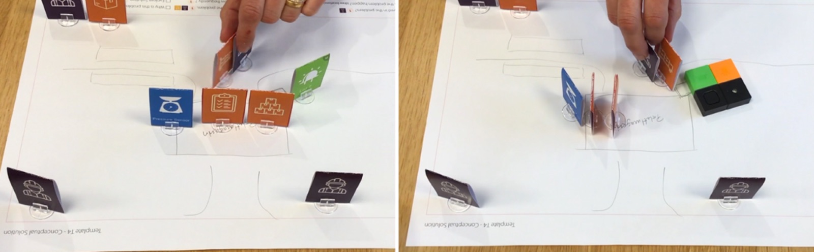 Two photos of the canvas: on the left, a pressure sensor token among other tokens; on the right, the same scene with a real button and an LED module in its place