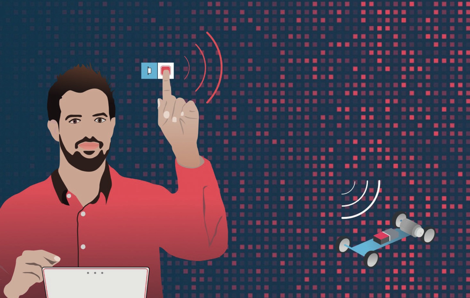 Illustration of a man in a red shirt pressing a small sensor button in the air, over a dark blue background of red squares